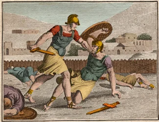 Bataille des Horaces et des Curiaces - Bataille entre les Horatii et les Curiatii - Gravure de « Le Rollin de la Jeunesse ou Pièces Choisies des Histoires Anciennes et Romaines » 1816 - Collection privée