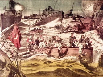 Bataille de Kunfuda : bataille navale des 7 et 8 janvier 1912, pendant la guerre italo-turque (1911-1912), en mer Rouge, devant le port de Kunfuda, Arabie Saoudite