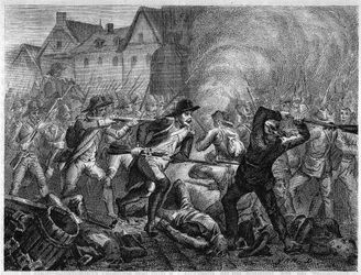 Bataille du Mans en 1793 pendant la guerre de Vendée. Gravure de 1866 dans « Histoire de la Révolution française » par Adolphe Thiers. Collection privée.