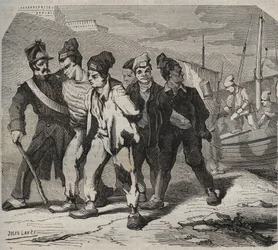 Belle-Ile-en-Mer au XIXe siècle. Gravure dans "Histoire des bagnes depuis leur création à nos jours" (1877) par Pierre Zaccone (1817-1895).
