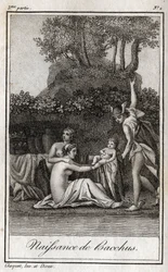 Naissance de Bacchus, fils de Jupiter et Sémélé. Gravure de 1819 dans « Lettres à Émilie sur la mythologie » par Charles Albert Demoustier (1760-1801). Collection privée