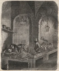 Le bagne de Brest la nuit. Gravure dans « Histoire des bagnes depuis leur création à nos jours » (1877) par Pierre Zaccone.