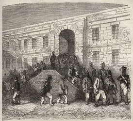 Bagne de Brest au XIXe siècle. Gravure dans « Histoire des bagnes depuis leur création à nos jours » (1877) par Pierre Zaccone (1817-1895). Collection privée