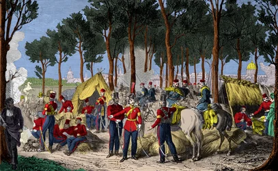 Campement des troupes russes et anglaises aux Champs-Élysées à Paris en juillet 1815 après la défaite de Napoléon Ier, Gravure, Collection privée
