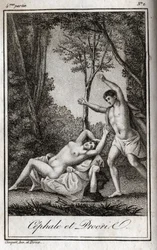 Cephale et Procris. Gravure de 1819 dans « Lettres à Emilie sur la mythologie » de Charles Albert Demoustier (1760-1801). Collection privée.