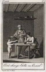 Cérès change Stellion en lézard. Gravure de 1819 dans « Lettres à Émilie sur la mythologie » par Charles Albert Demoustier (1760-1801). Collection privée.