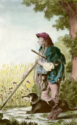 Caractère de la garde récolte : un paysan surveillant les champs avec son chien (estampe du 18e siècle, collection privée)