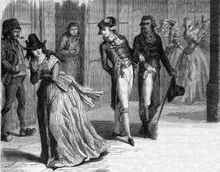 Charlotte Corday chez le coutelier Badin, sous les arcades du Palais-Royal en 1793 - Gravure dans « Histoire des Girondins » par Alphonse de Lamartine (1790-1869) 1865-1866 - Collection privée