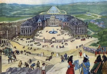 Construction du château de Versailles en 1678 selon les plans de Jules Hardouin Mansart au premier plan le roi Louis XIV.