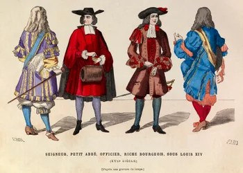 Costumes de seigneur, petit abbé, officier et riche bourgeois à Paris sous le règne du roi Louis XIV au 17e siècle - collection privée