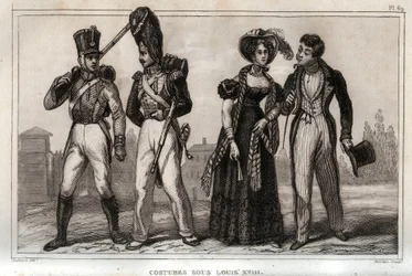 Costumes sous Louis XVIII. Gravure de 1859 dans "Le Monde. Histoire de tous les peuples depuis les temps les plus reculés jusqu