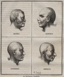 Phrenologie criminelle au bagne de Brest (portraits représentant les caractéristiques physiognomiques de différents types de criminels). Gravure dans « Histoire des bagnes depuis leur création à nos jours » (1877) par Pierre Zaccone. Collection privée.