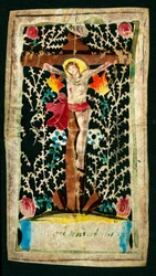 Crucifixion. Image pieuse dans le canal. Inscriptions INRI. Collection privée