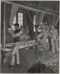 Atelier de graveurs sur cristal en France au XIXe siècle. Gravure de 1885 dans « Les arts et métiers illustrés » par Adolphe Bitard