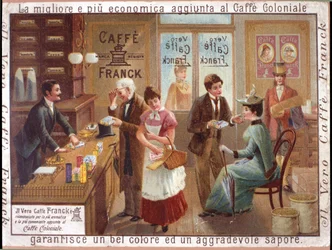 Clients dans une épicerie vendant du café. Publicité pour le «Caffe Franck». Chromolithographie, vers 1900