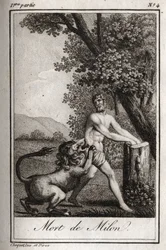 Mort de Milon de Crotone dévoré par un loup. Gravure de 1819 dans "Lettres à Emilie sur la mythologie" par Charles Albert Demoustier (1760-1801). Collection privée.