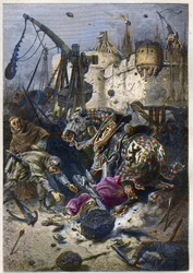 Mort de Simon IV de Montfort (1150-1218) aristocrate français, au siège de Toulouse en 1218 - Mort de Simon de Montfort pendant la bataille de Toulouse, 25 juin