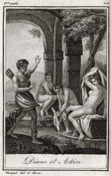 Diane et Actéon. Diane surprise au bain par le chasseur Actéon. Gravure de 1819 dans « Lettres à Émilie sur la mythologie » de Charles Albert Demoustier (1760-1801). Collection privée.
