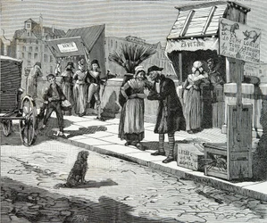 Toiletteurs de chiens sur le Pont Neuf de Paris vers 1796, Gravure, Collection privée