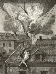 Mort dramatique de Madame Sophie Blanchard (1778-1819), aéronaute, le 6 juillet 1819 au-dessus des jardins de Tivoli à Paris, Gravure, Collection privée