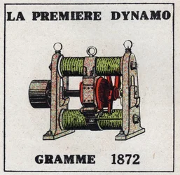 Dynamo: la première dynamo inventée par Zénobe Théophile Gramme (1826-1901) en 1872. Illustration anonyme de 1925. Collection privée.
