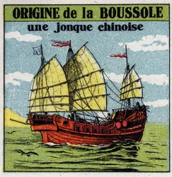 Magnétisme terrestre: ancienne jonque chinoise utilisant la première boussole. Illustration anonyme de 1925. Collection privée.