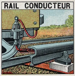 Chemins de fer électriques : rail conducteur. Illustration anonyme de 1925. Collection privée.