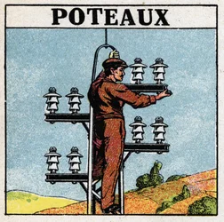 Tuyaux électriques : poteaux électriques. Illustration anonyme de 1925. Collection privée.