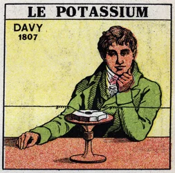 Électrochimie: décomposition de la potasse (potassium) et de la soude par Sir Humphry Davy (1778-1829) en 1807. Illustration anonyme de 1925. Collection privée.