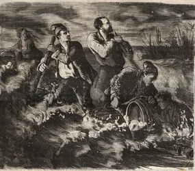 Évasion du bagne de Belle-Île-en-Mer au XIXème siècle. Gravure dans « Histoire des bagnes depuis leur création à nos jours » (1877) par Pierre Zaccone.
