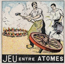 Éther (matériau) : jeu entre les atomes. Charrons fabriquant une roue. Illustration anonyme de 1925. Collection privée.