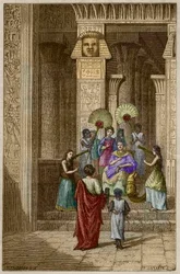 Euclide présentant à Ptolémée Soter (Ptolémée Ier Soter) son ouvrage sur les éléments de géométrie - Euclide (325-265 av. J.-C.) mathématicien grec présenté à Ptolémée Ier (360-283 av. J.-C.) Soter (sauveur) ses éléments de géométrie - gravure dans « Vie d
