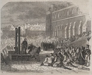 Exécution au bagne de Brest par Joseph Bordelet. Gravure dans « Histoire des bagnes depuis leur création à nos jours » (1877) par Pierre Zaccone. Collection privée.