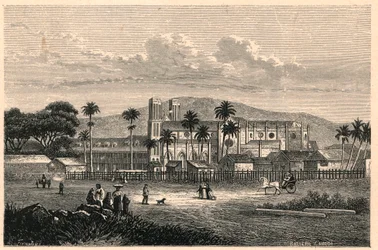 Vue extérieure de la cathédrale de Port of Spain à Trinidad. Gravure dans Les Missions Catholiques au XIXe siècle par Louis-Eugène Louvet. Collection privée.