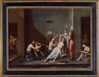 Femmes dans un hammam se lavant mutuellement