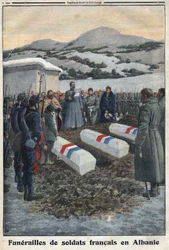 Première Guerre mondiale 1914-1918. Funérailles de soldats français en Albanie. Dans « Le Petit Journal »
