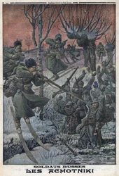 Première Guerre mondiale 1914-1918. Soldats russes Ahotniki sur des skis tirant sur des soldats allemands. Dans 