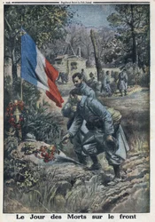 Première Guerre mondiale 1914-1918. Le jour des morts au front : les soldats à la Toussaint fleurissent la tombe des soldats tombés. Dans « Le Petit Journal », le 5/11/1916. Collection privée