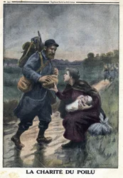 Première Guerre mondiale 1914-1918. La charité du poilu : un soldat français sur un chemin s