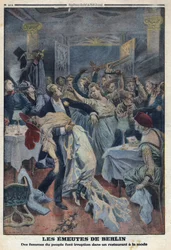 Première Guerre mondiale 1914-1918. Les femmes du peuple envahissent un restaurant à la mode et exigent le retour de leurs maris. Dans « Le Petit Journal », le 16/01/1916. Collection privée