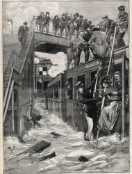 Inondation de la gare de La Chapelle sur la ligne de la petite ceinture à Paris. Gravure. Dans « Le Petit Parisien »