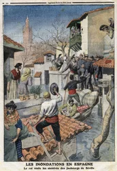 Inondations en Espagne : le roi Alphonse XIII (1886-1941) visite les banlieues sinistrées de Séville. Gravure dans « Le Petit Journal » du 25/02/1912. Collection privée