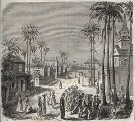 Forçats allant travailler au pénitencier Saint-Laurent à Cayenne (Guyane française) au XIXe siècle. Gravure dans "Histoire des bagnes depuis leur création à nos jours" (1877) par Pierre Zaccone (1817-1895).