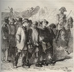 Forçats en marche au bagne de Rochefort au XIXe siècle. Gravure dans « Histoire des bagnes depuis leur création à nos jours » (1877) par Pierre Zaccone.