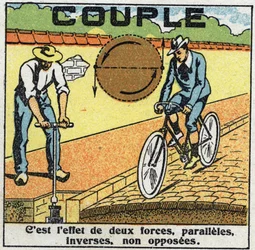 Forces: couple ou force de torsion. Fontaine et cycliste. Illustration anonyme de 1925. Collection privée