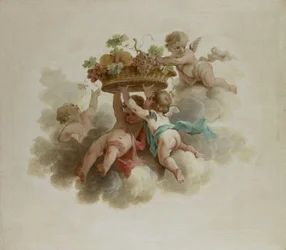 Quatre Putti portant une corbeille de fruits
