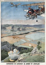 Armée française : « Expériences de lancement de bombes par avion ». Gravure dans « Le Petit Journal », le 14/04/1912. Collection privée.