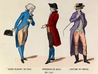 De gauche à droite : Un jeune élégant en frac ; Un bourgeois en deuil et un costume de cheval en 1786