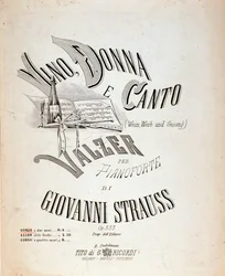 Frontispice de la partition musicale de Vin, Femmes et Chansons par Johann Strauss