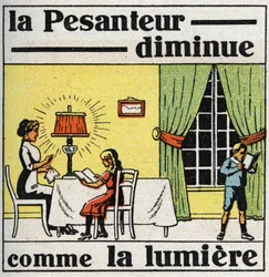 Gravitation : loi du carré. La gravité diminue comme la lumière. Illustration anonyme de 1925. Collection privée